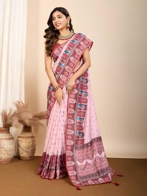 Pink muslin cotton digital printed ethnic ceremonial saree 5