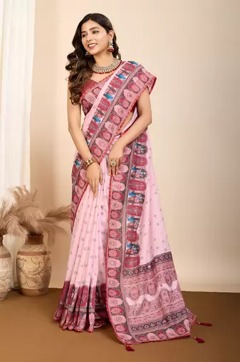 Pink muslin cotton digital printed ethnic ceremonial saree
