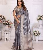 Grey organza c gold zari ceremonial saree
