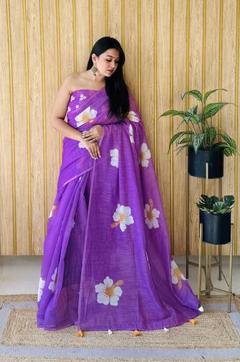 Lavender linen c floral printed girlie looks saree