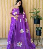 Lavender linen c floral printed girlie looks saree