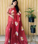 Maroon linen c floral printed girlie looks saree