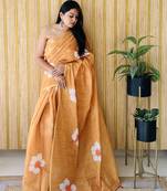 Orange linen c floral printed girlie looks saree