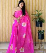 Pink linen c floral printed girlie looks saree