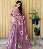Purple linen c floral printed girlie looks saree