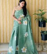 Green linen c floral printed girlie looks saree
