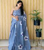 Blue linen c floral printed girlie looks saree