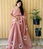 Rust linen c floral printed girlie looks saree