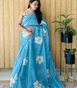 Firozi linen c floral printed girlie looks saree