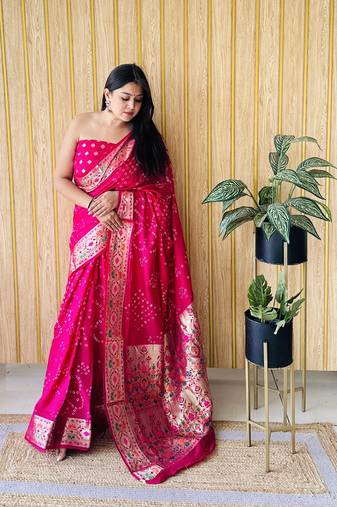 Red wevon paithani designer with bandhej printed saree
