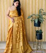 Mustard wevon jari designer gimichu silk c partywear saree
