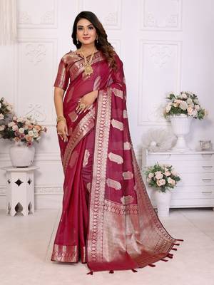 Burgundy organza c gold zari festive saree 1