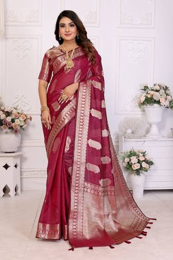 Burgundy organza c gold zari designer festive saree