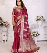 Burgundy organza c gold zari designer festive saree