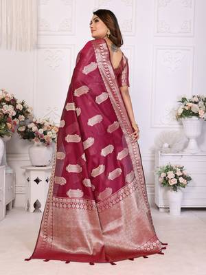 Burgundy organza c gold zari festive saree 3