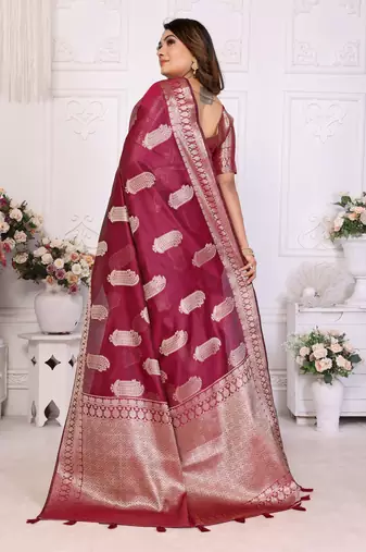 Burgundy organza c gold zari festive saree