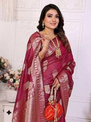 Burgundy organza c gold zari festive saree 4