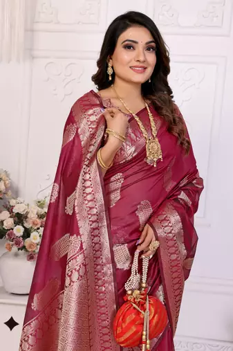 Burgundy organza c gold zari festive saree