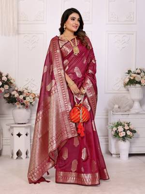 Burgundy organza c gold zari festive saree 5