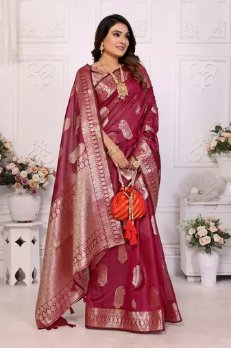 Burgundy organza c gold zari festive saree