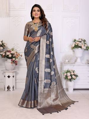 Grey organza c gold zari festive saree 1