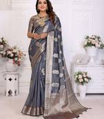 Grey organza c gold zari designer festive saree