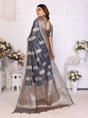 Grey organza c gold zari festive saree 3