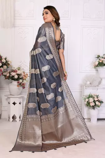 Grey organza c gold zari festive saree