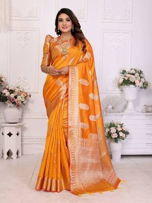 Orange organza c gold zari festive saree 1