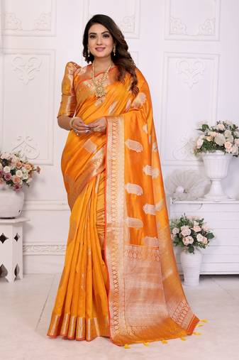 Orange organza c gold zari designer festive saree