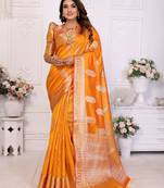 Orange organza c gold zari designer festive saree
