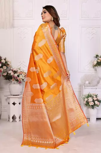 Orange organza c gold zari festive saree