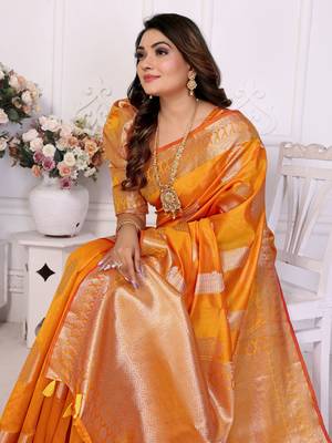 Orange organza c gold zari festive saree 4