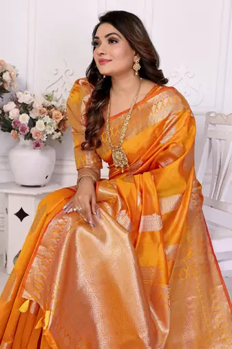 Orange organza c gold zari festive saree