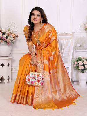Orange organza c gold zari festive saree 5