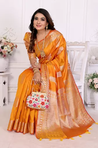 Orange organza c gold zari festive saree