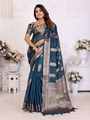 Teal organza c gold zari festive saree 1