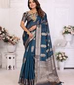 Teal organza c gold zari designer festive saree