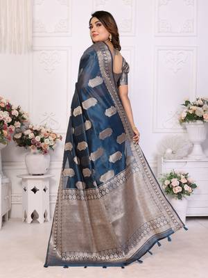 Teal organza c gold zari festive saree 3