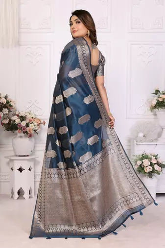 Teal organza c gold zari festive saree
