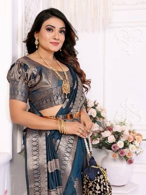 Teal organza c gold zari festive saree 4