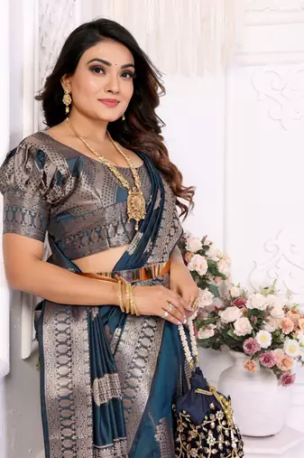 Teal organza c gold zari festive saree