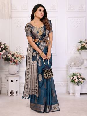 Teal organza c gold zari festive saree 5