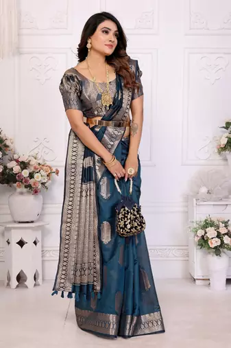 Teal organza c gold zari festive saree