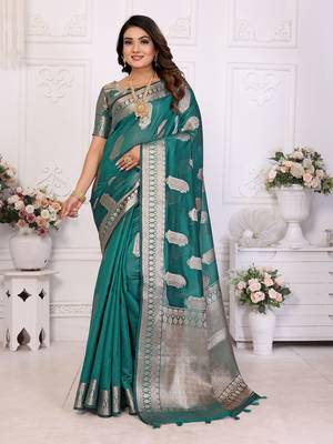 Rama organza c gold zari festive saree 1
