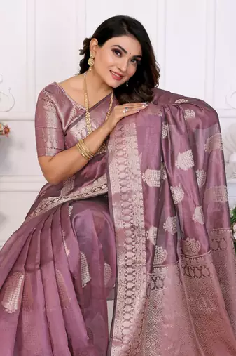 Purple organza c gold zari festive saree