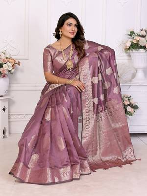 Purple organza c gold zari festive saree 5