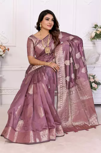Purple organza c gold zari festive saree