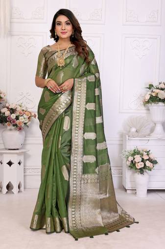 Mahendi organza c gold zari designer festive saree