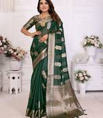 Green organza c gold zari designer festive saree